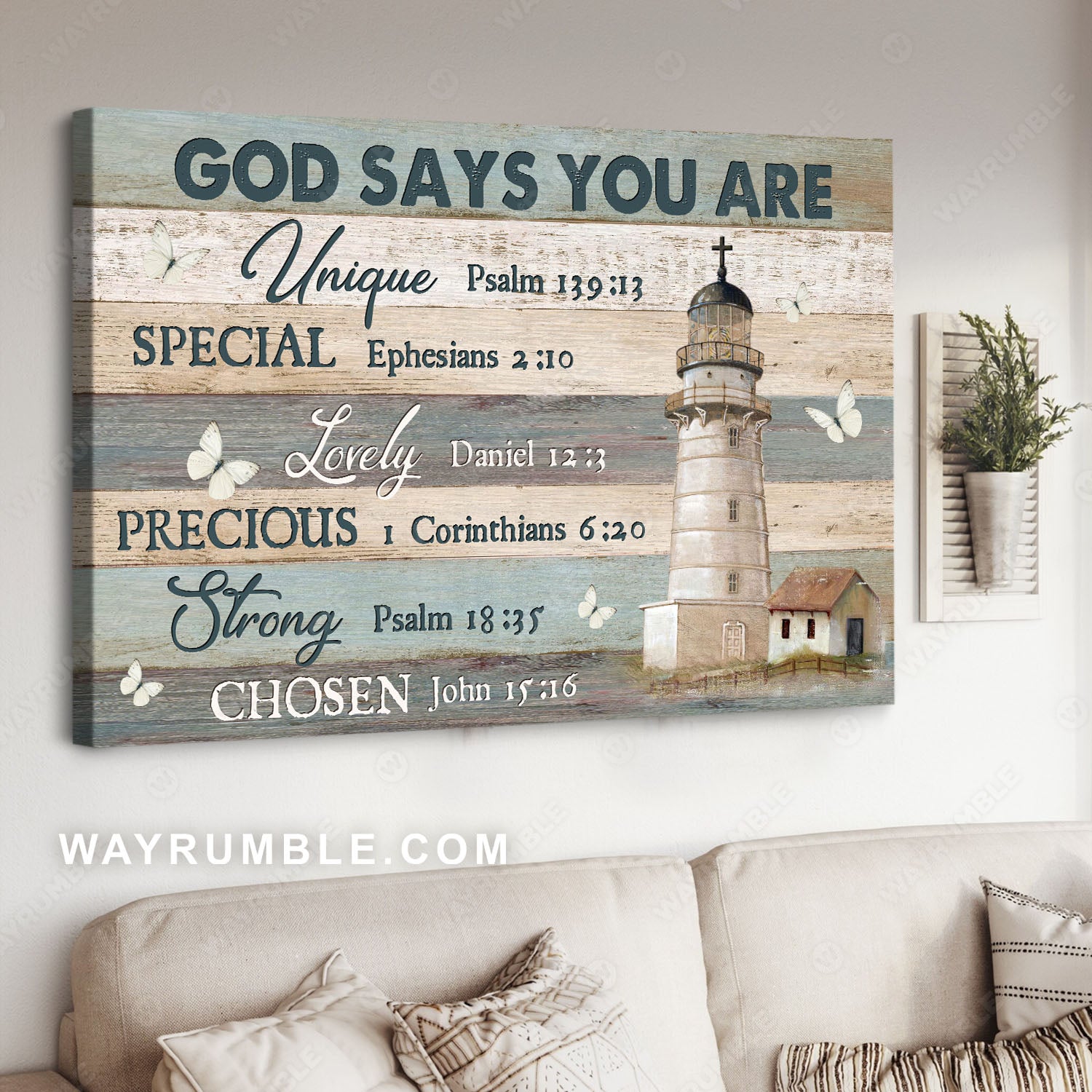 Light house. Flying butterfly, Wood plank texture, God says you are unique - Jesus Landscape Canvas Prints, Christian Wall Art