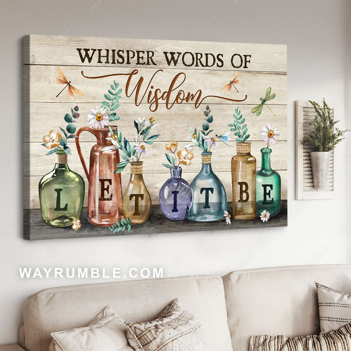 Colored glass bottles, Daisy flower, Flying dragonfly, Let it be - Jesus Landscape Canvas Prints, Christian Wall Art