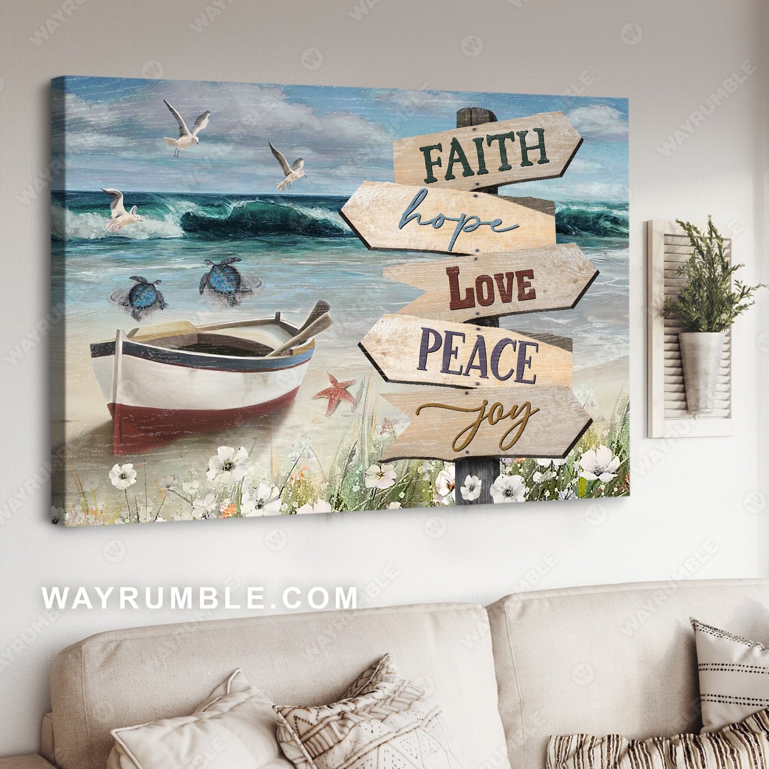 Wooden boat, Sandy beach, Sea turtle, Blue sky, Faith hope love - Jesus Landscape Canvas Prints, Christian Wall Art