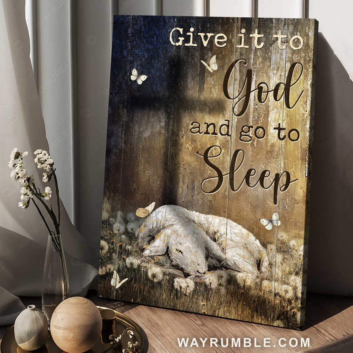 Watercolor Lamb of God, Dandelion field, Give it to God and go to sleep - Jesus Portrait Canvas Prints, Christian Wall Art