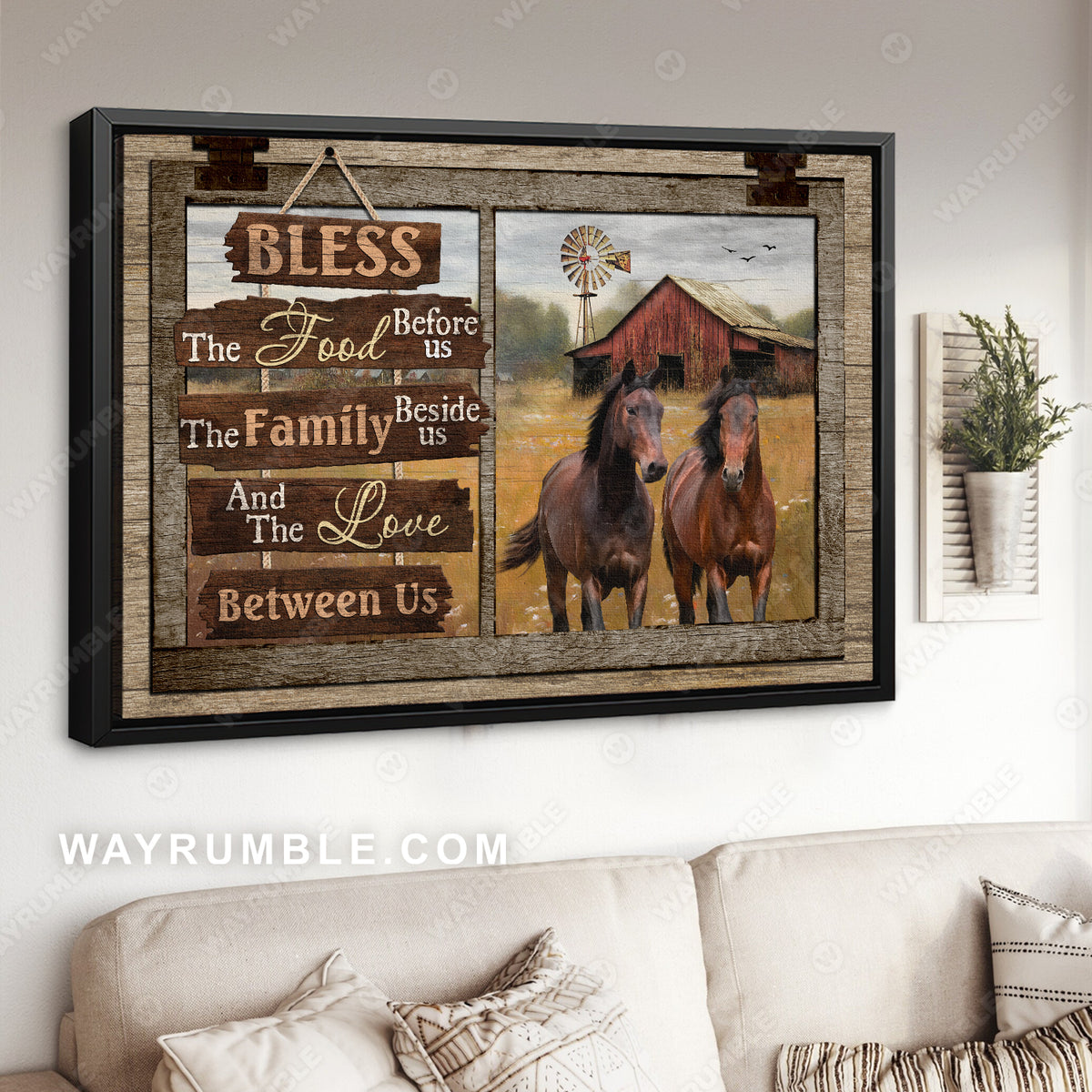Horses drawing, Meadow land, Windmill, Bless the food before us - Jesus Landscape Canvas Prints, Christian Wall Art
