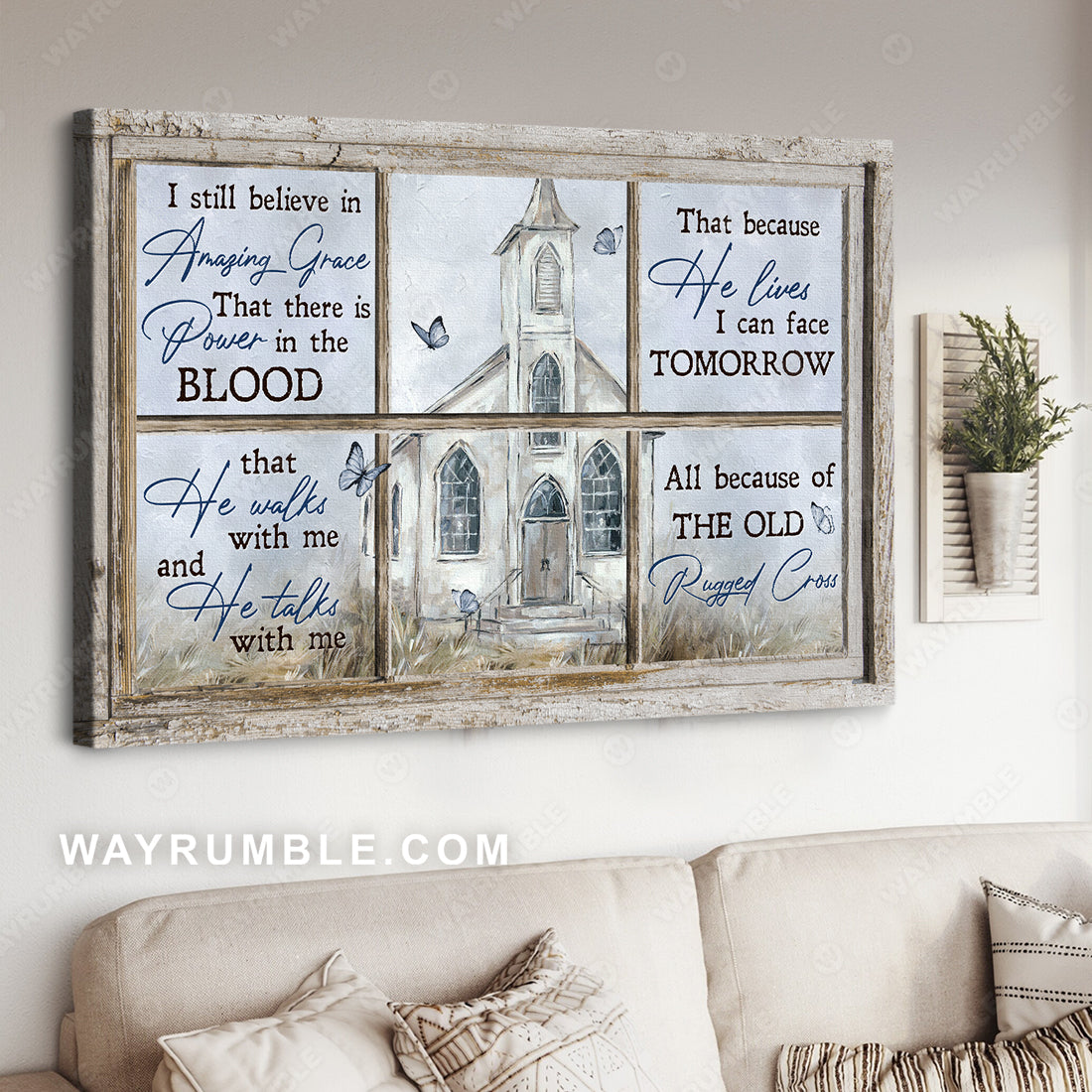Vintage church, Blue butterfly, I still believe in amazing grace - Jesus Landscape Canvas Prints, Christian Wall Art