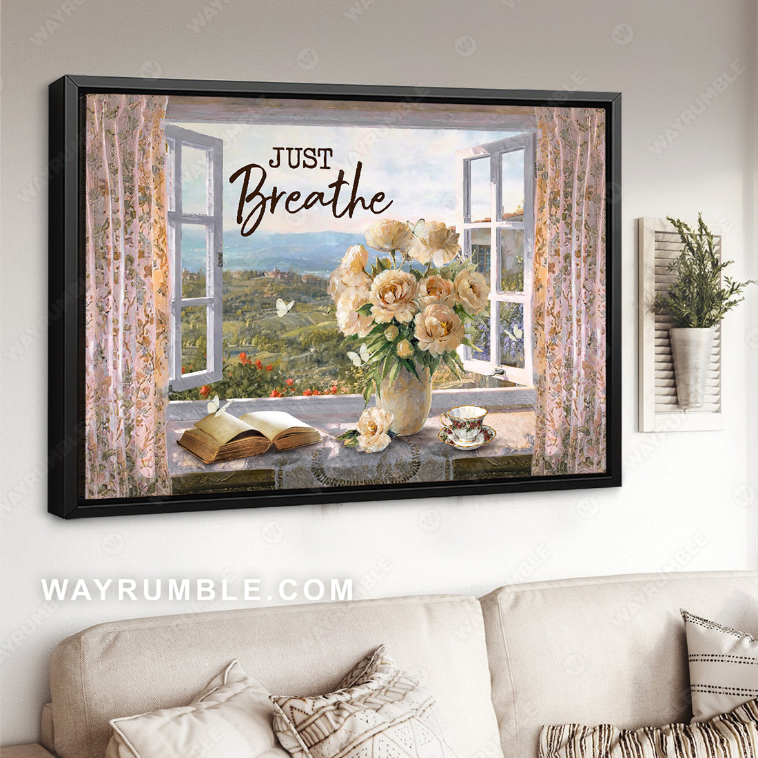 Climbing rose vase, Antique bible, Vintage cup, Just breathe - Jesus Landscape Canvas Prints, Christian Wall Art