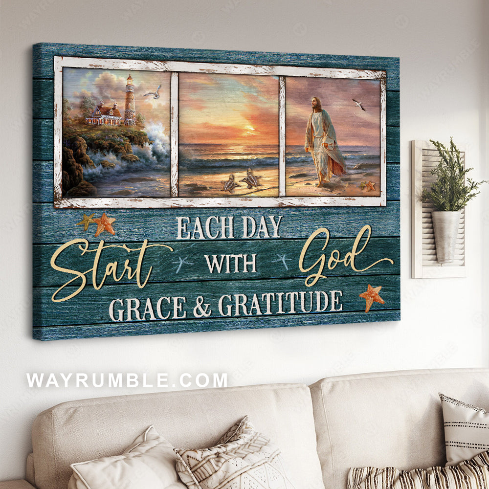 Beautiful beach, Jesus painting, Sunset, Start each day with God - Jesus Landscape Canvas Prints, Christian Wall Art