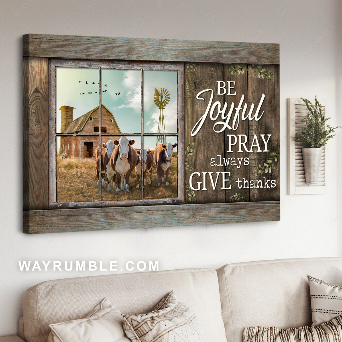 Dairy cow, Blue sky, Vintage window, Old farm, Be joyful, Pray always, Give thanks - Jesus Landscape Canvas Prints, Wall Art