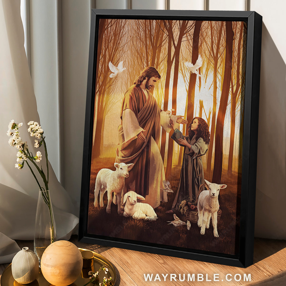 Stunning forest, Walking with Jesus, Little girl, Lamb of God, White dove - Jesus Portrait Canvas Prints, Christian Wall Art