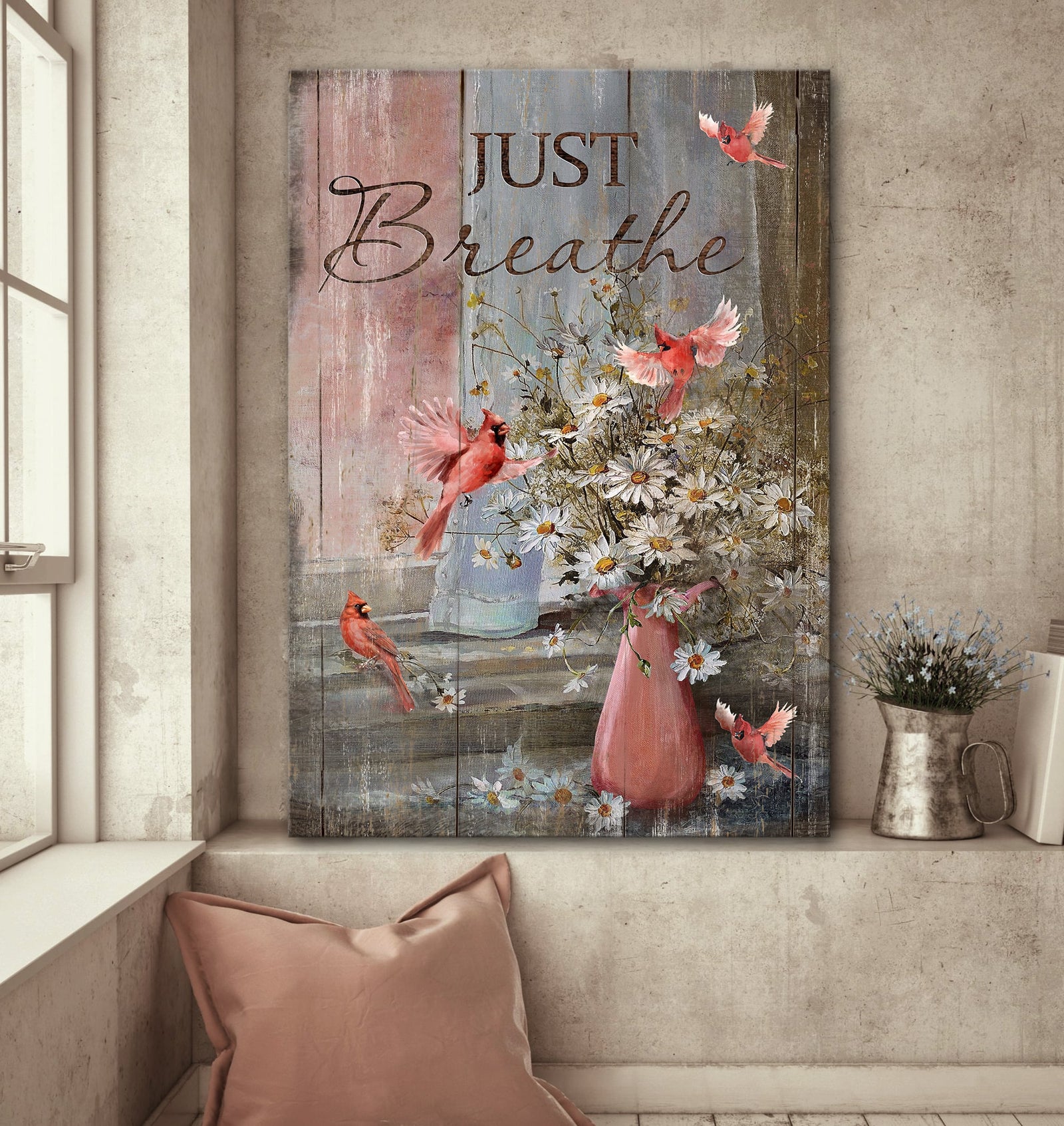 Daisy Flower Vase, Cardinal, Vintage Painting, Just Breathe - Jesus Portrait Canvas Prints, Wall Art