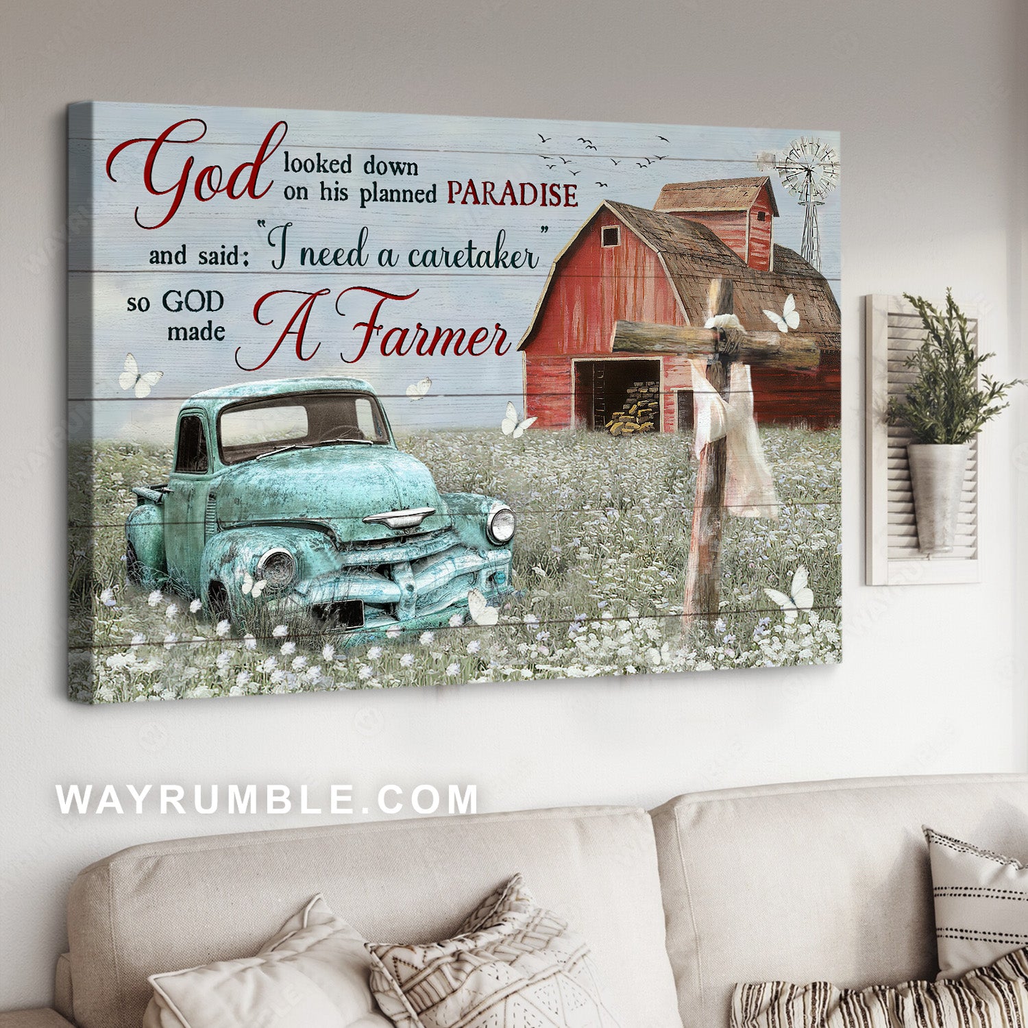 Cute ladybug car, White flower field, Vintage house, So God make a farmer - Jesus Landscape Canvas Prints, Home Decor Wall Art