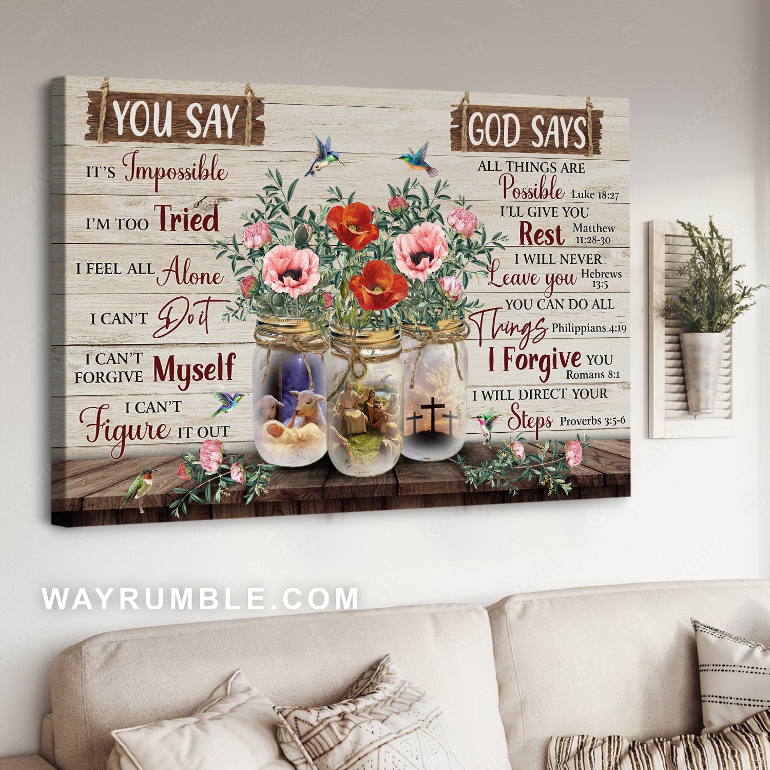 Poppy flowers, Glass jars, Jesus painting, God says all things are possible - Jesus Landscape Canvas Prints, Christian Wall Art