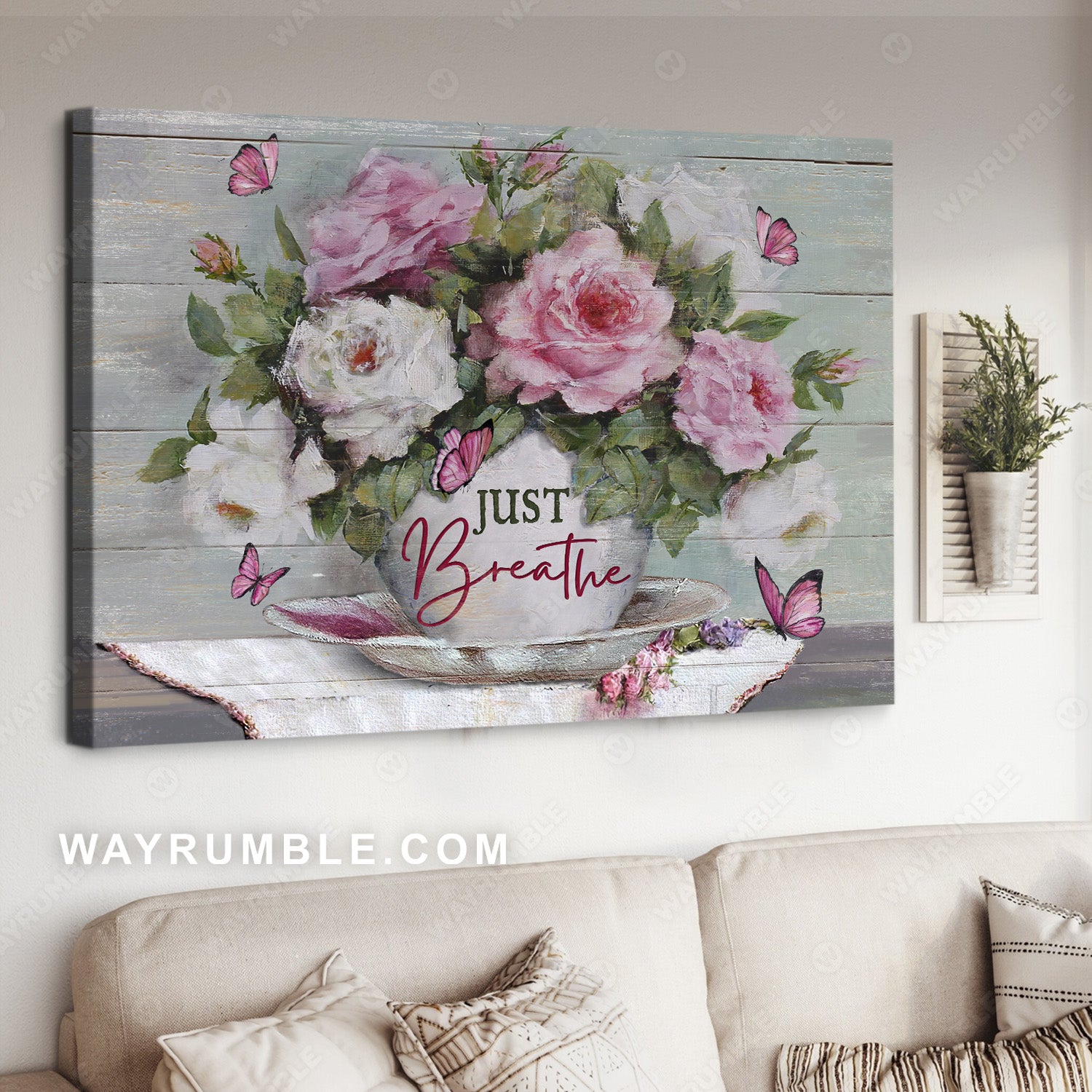 Vintage rose, Watercolor painting, Pink butterfly, Just breathe - Jesus Landscape Canvas Prints, Home Decor Wall Art