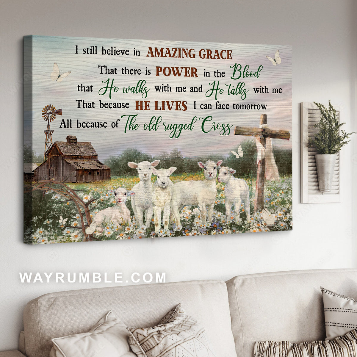Lovely lamb, Pretty daisy field, Cross symbol, I still believe in amazing grace - Jesus Landscape Canvas Prints, Home Decor Wall Art