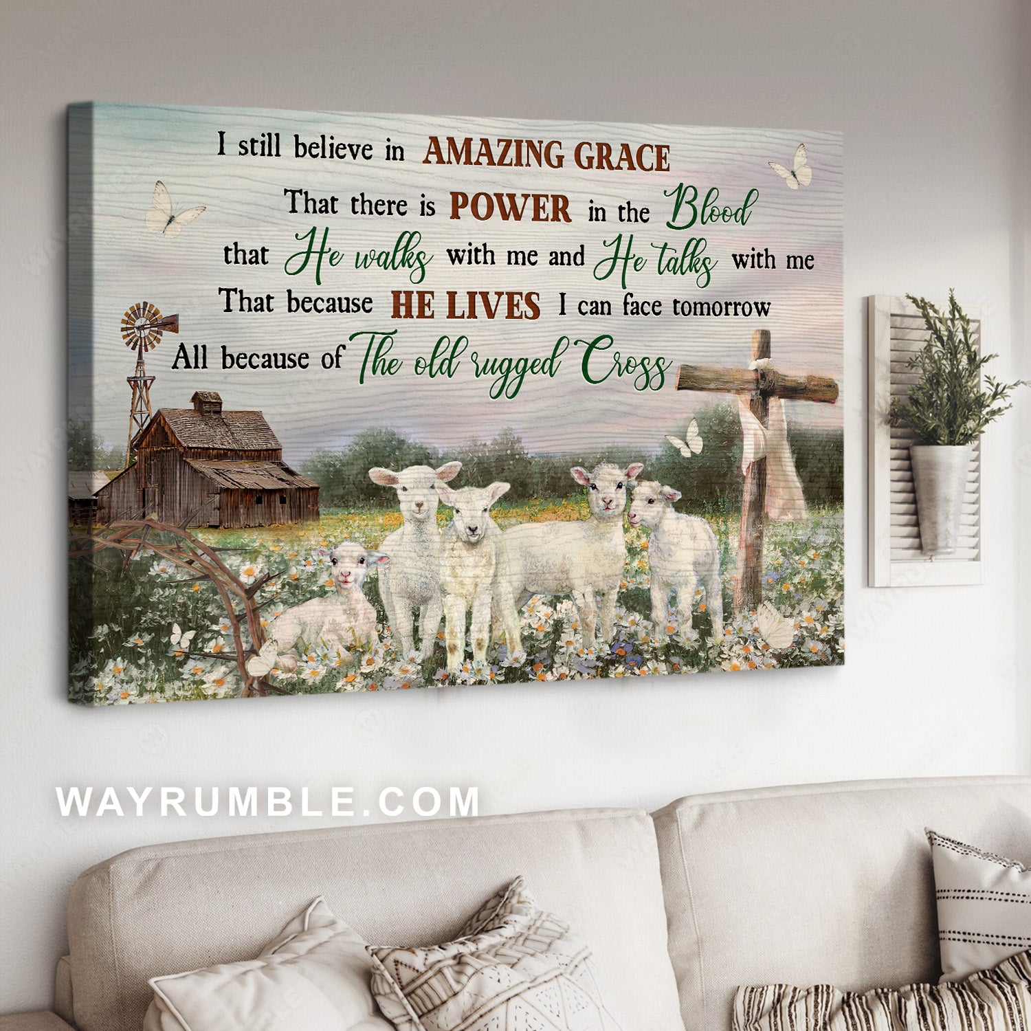 Lovely lamb, Pretty daisy field, Cross symbol, I still believe in amazing grace - Jesus Landscape Canvas Prints, Home Decor Wall Art