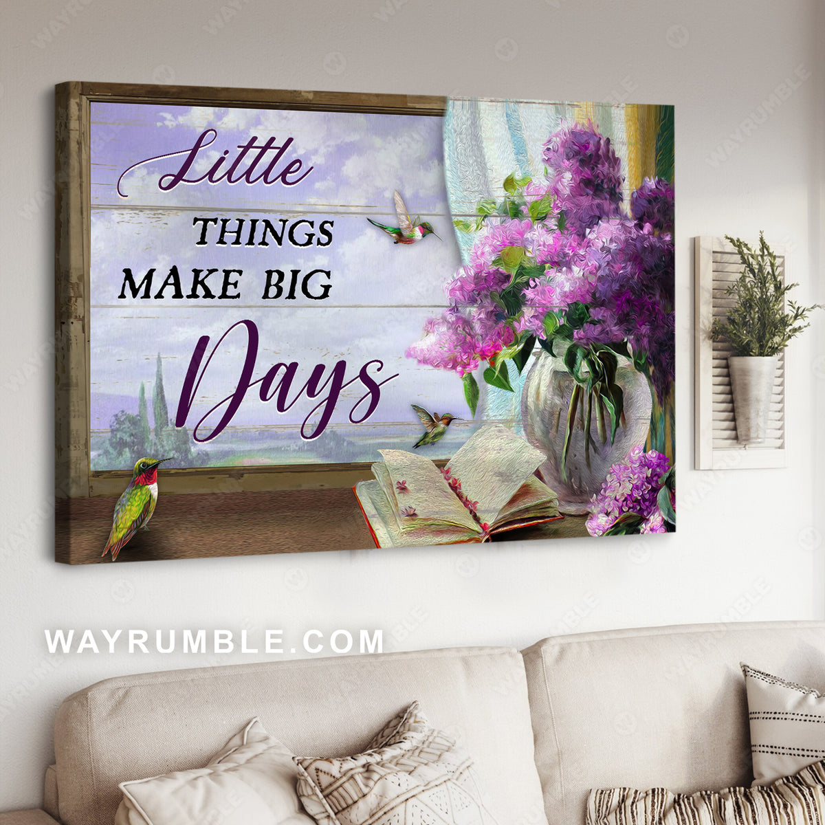 Purple hydrangea, Colorful hummingbird, Old book, Little things make big days - Jesus Landscape Canvas Prints, Wall Art