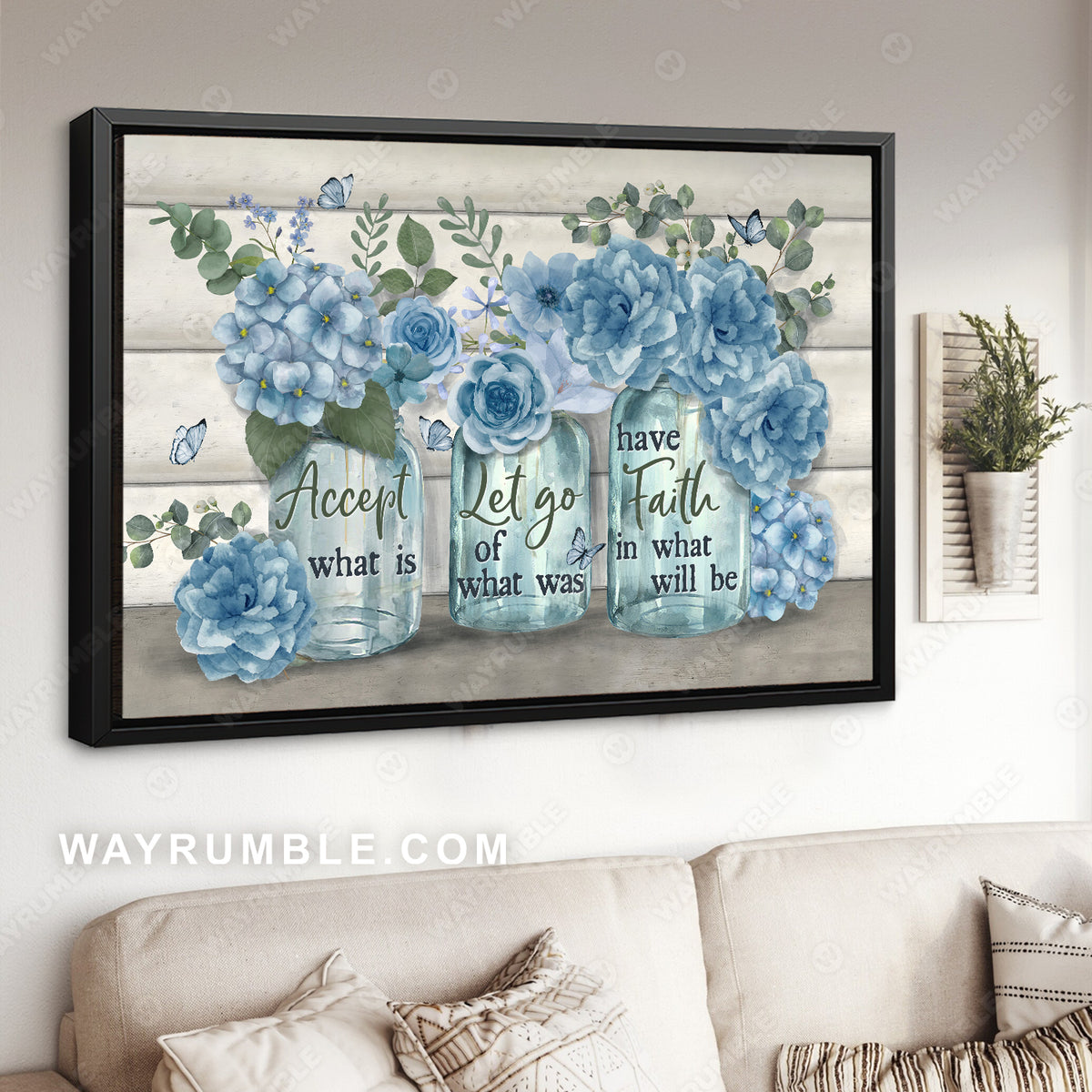 Beautiful flower, Blue flower vase, Butterfly painting, Accept what is let go - Jesus Landscape Canvas Prints, Home Decor Wall Art