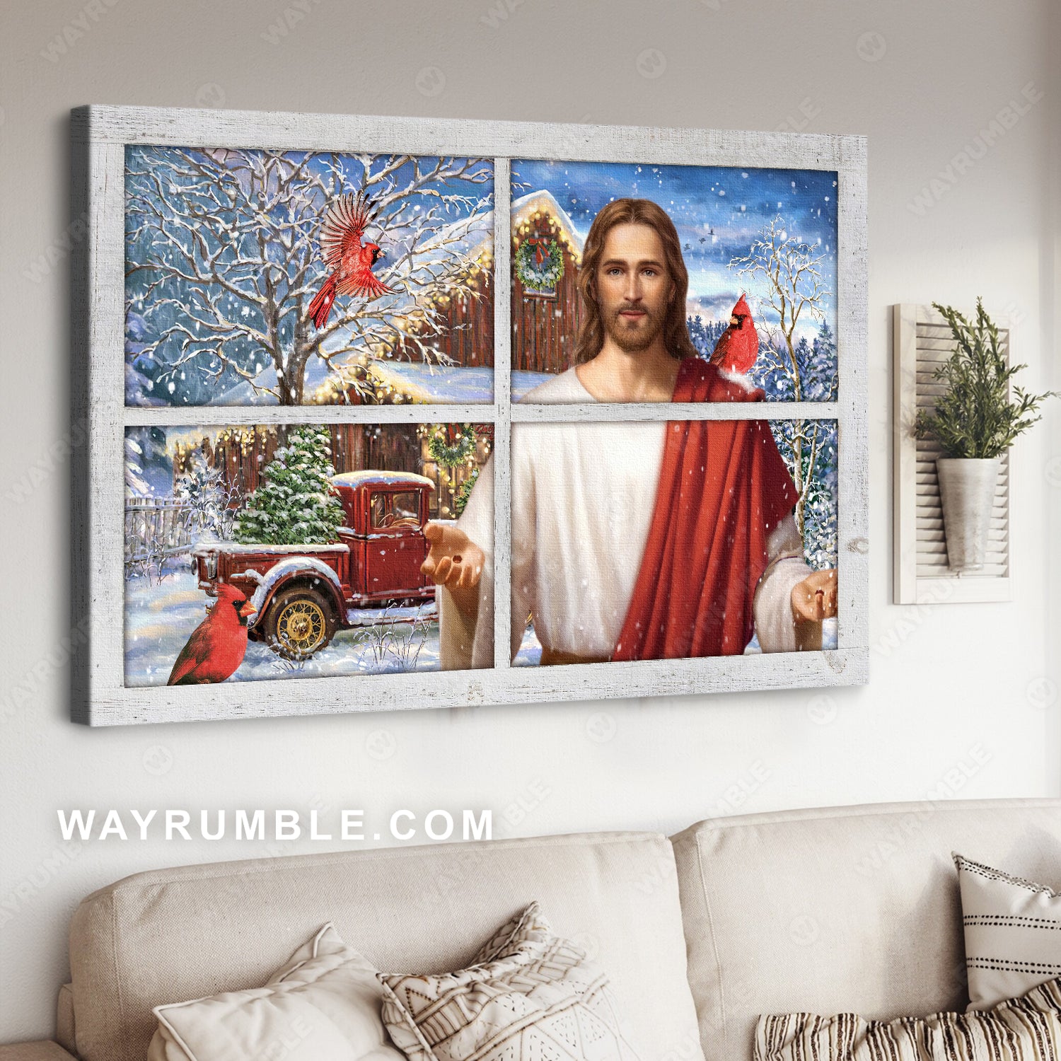 Christmas house, Happy Christmas with Jesus, Lovely cardinal - Jesus Landscape Canvas Prints, Home Decor Wall Art