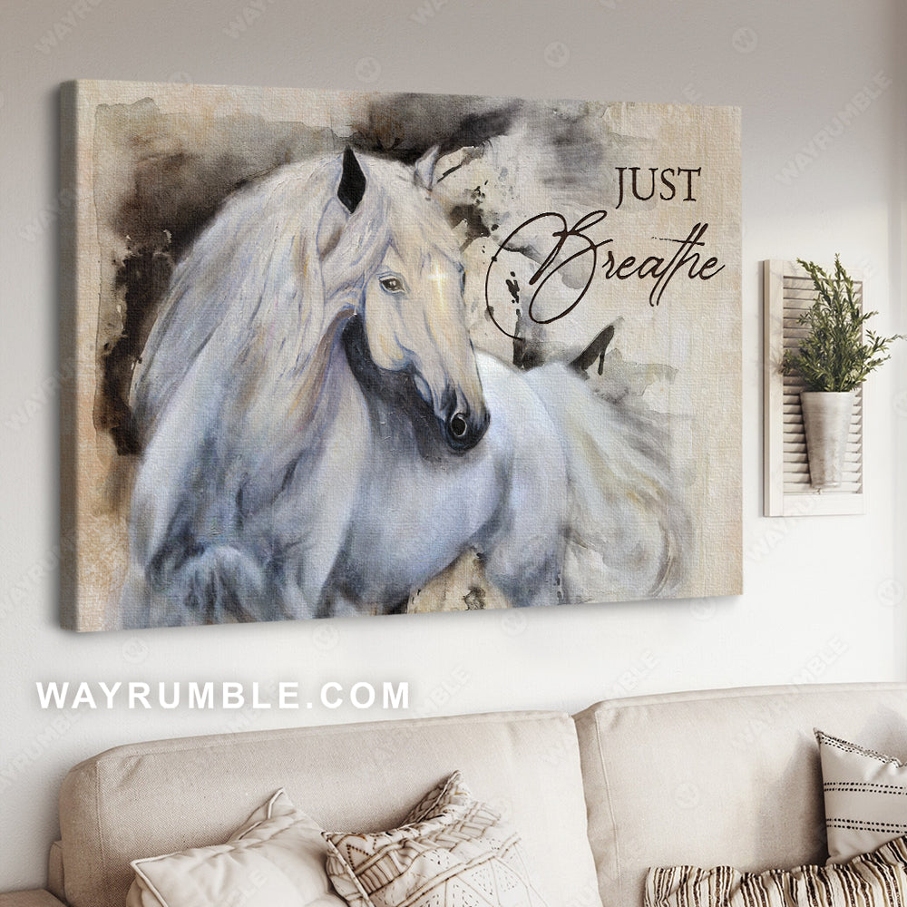 Beautiful horse painting, White background, Small cross, Just breathe - Jesus Landscape Canvas Prints, Christian Wall Art 