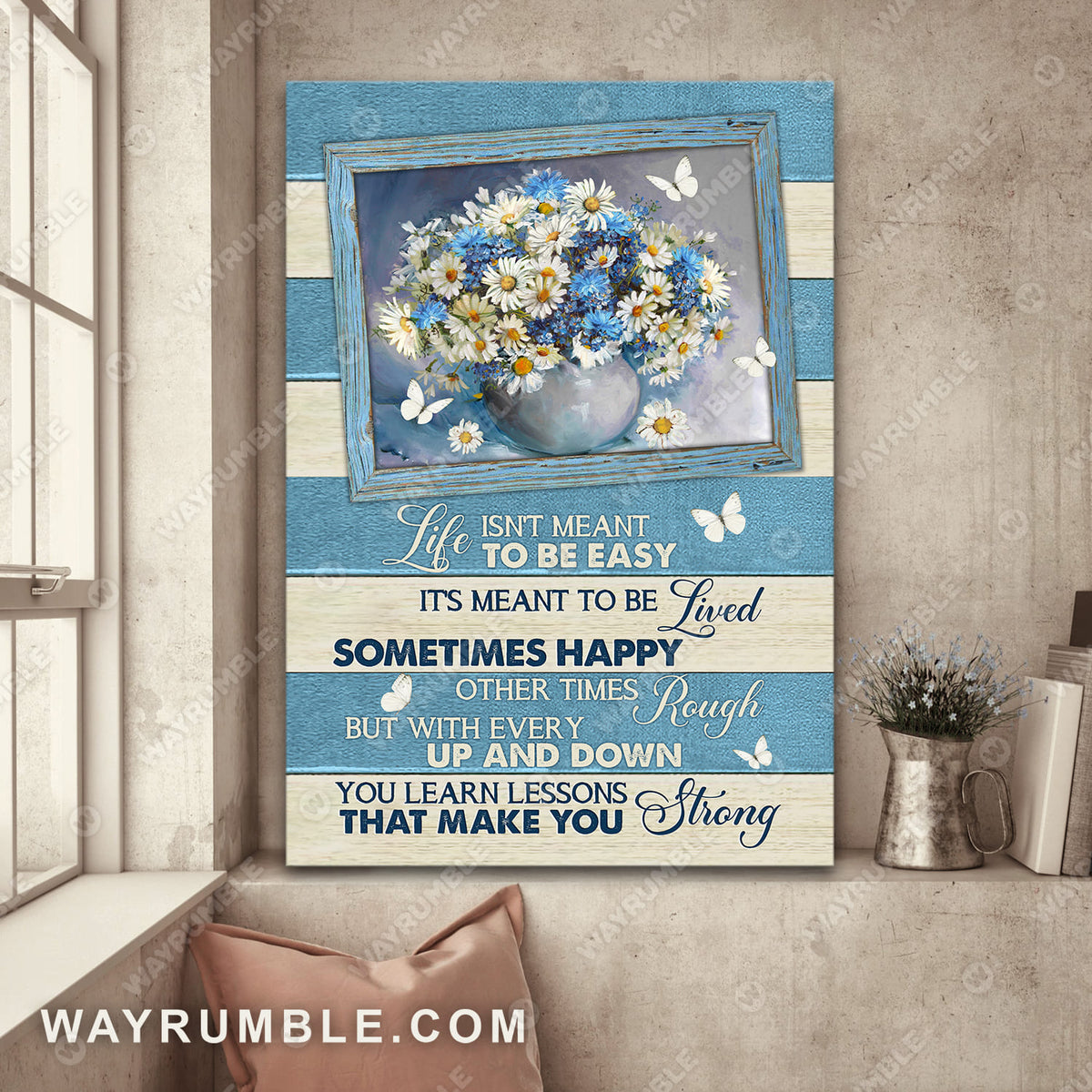 Daisy drawing, Blue background, White butterfly, Life isn&#39;t meant to be easy - Jesus Portrait Canvas Prints, Wall Art