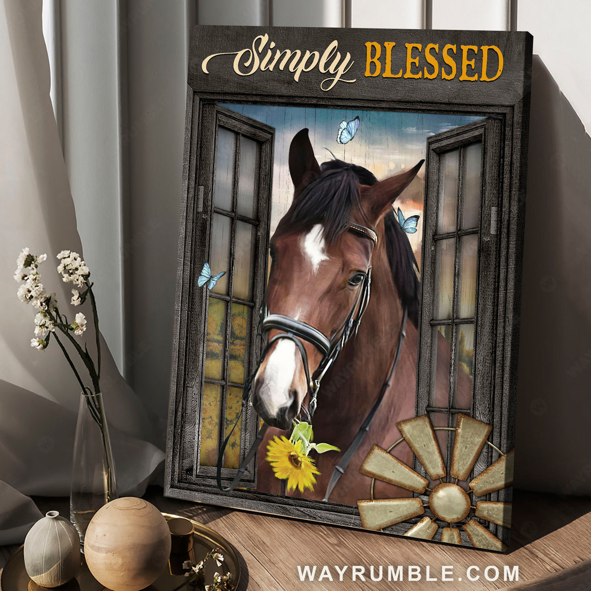 Brown horse, Old windmill, Wooden window, Simply blessed - Jesus Portrait Canvas Prints, Christian Wall Art