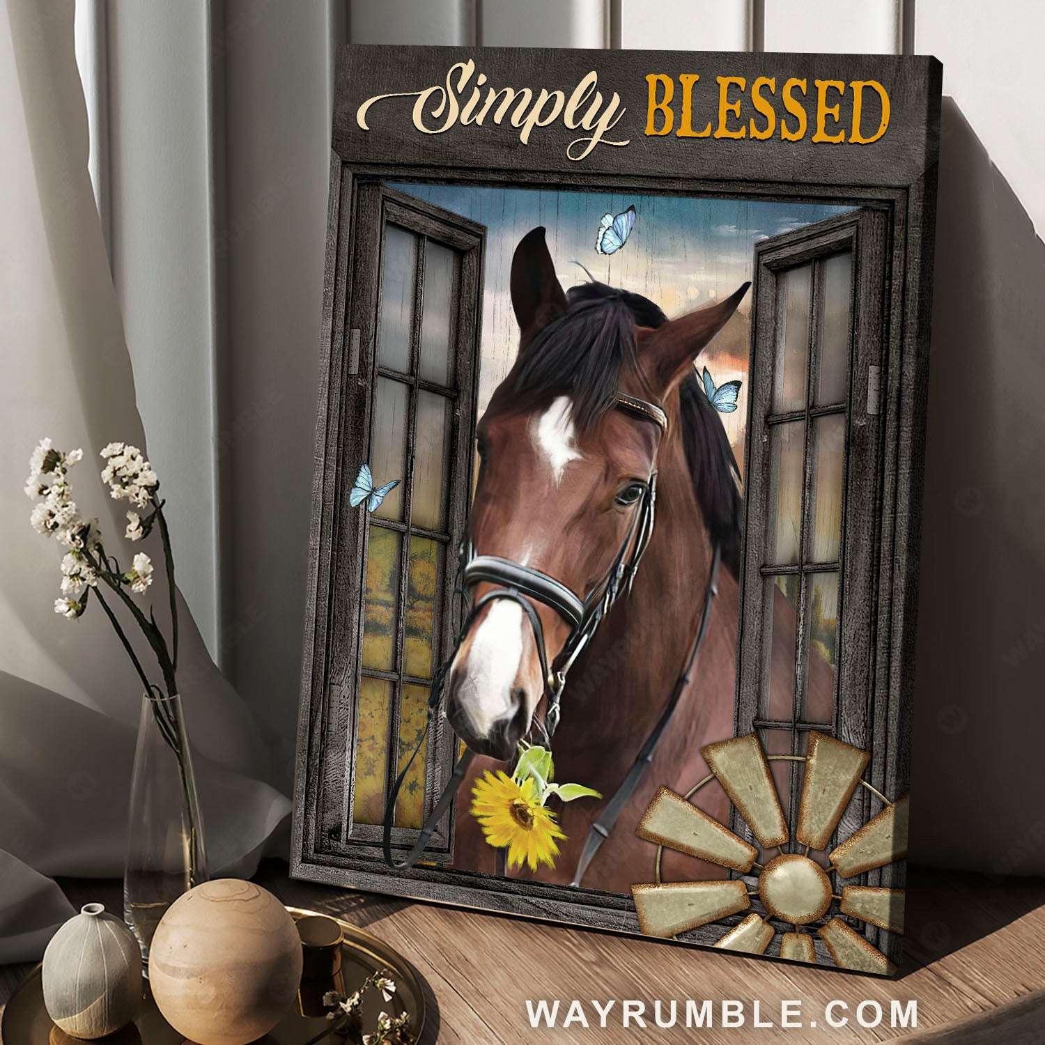 Brown horse, Old windmill, Wooden window, Simply blessed - Jesus Portrait Canvas Prints, Christian Wall Art