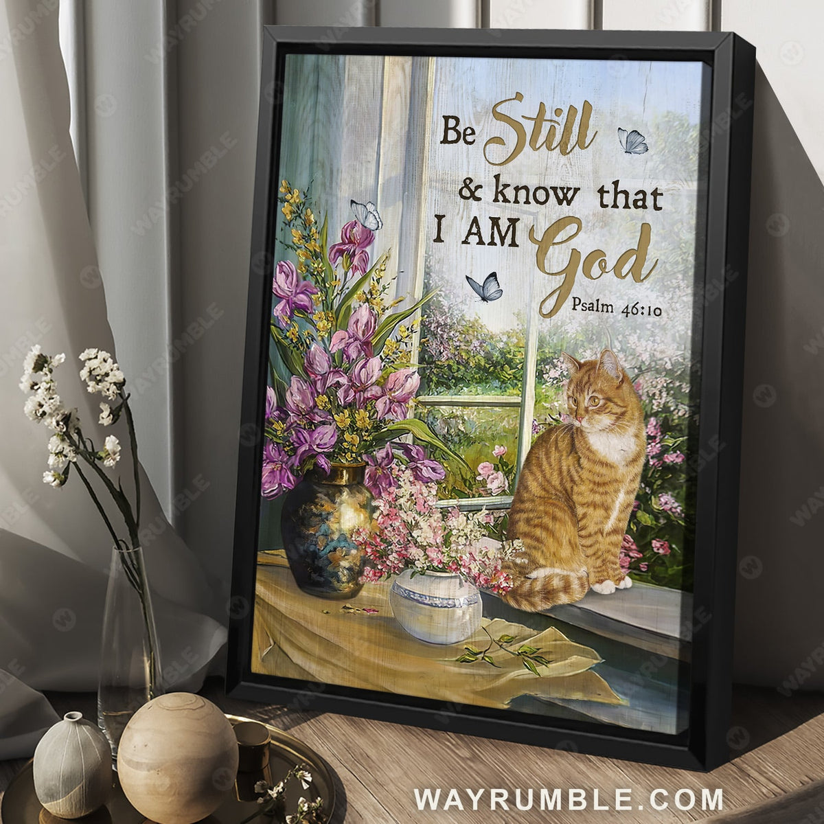 Purple flower, Brown cat, Beautiful garden, Be still and know that I am God - Jesus Portrait Canvas Prints, Christian Wall Art