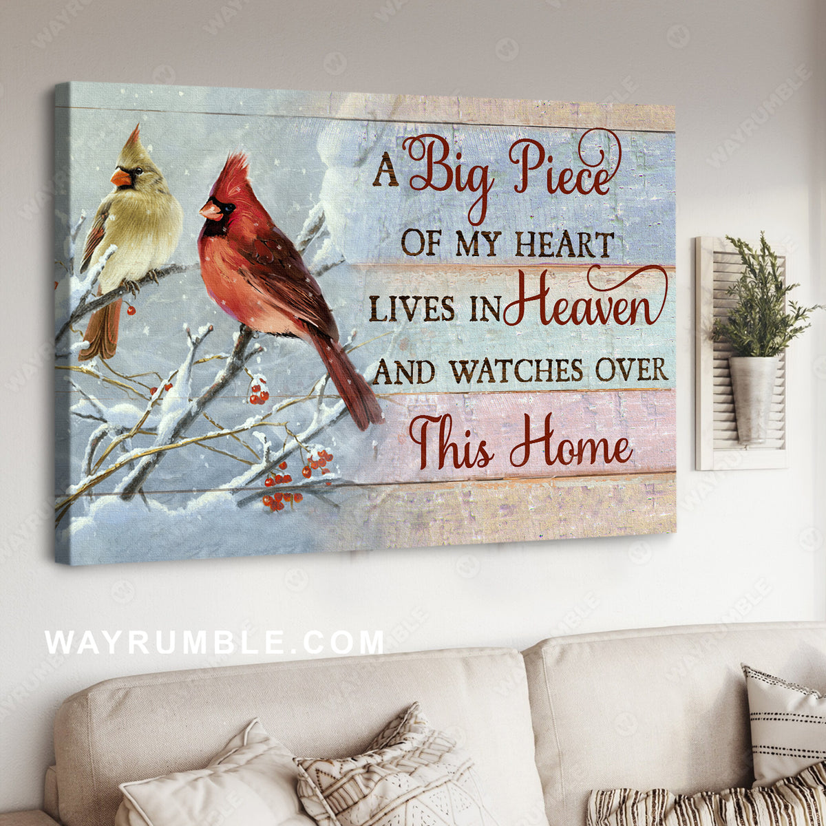 Winter painting, Watercolor cardinal, Snow, Cranberry, A big piece of my heart lives in heaven - Jesus Landscape Canvas Prints, Wall Art