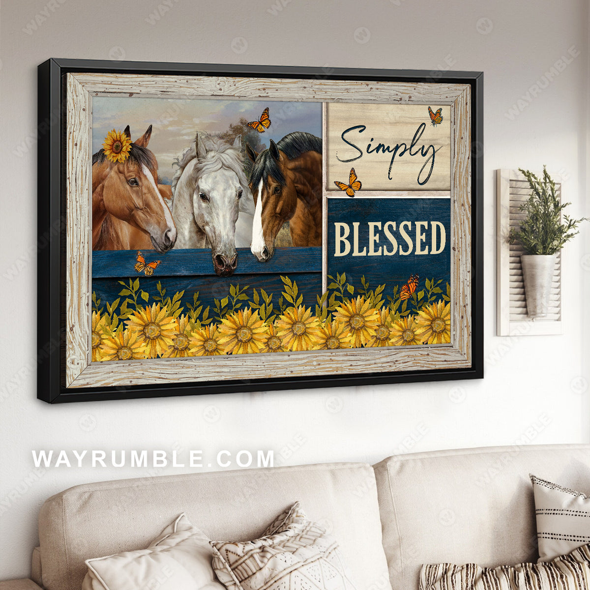 Beautiful horses, Sunflower garden, Monarch butterfly, Simply blessed - Jesus Landscape Canvas Prints, Christian Wall Art