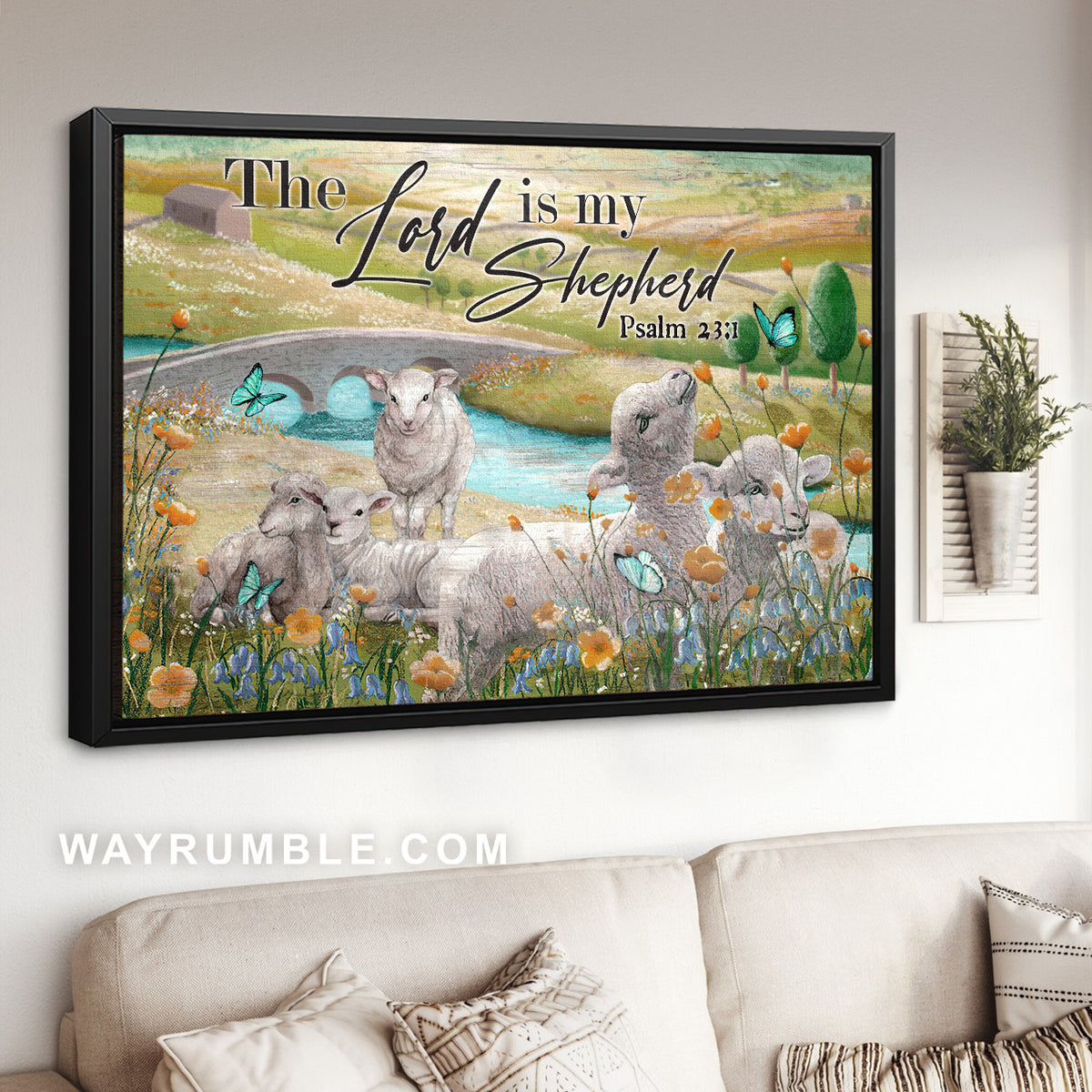 Cute lamb, Beautiful park, Flower garden, The Lord is my Shepherd - Jesus Landscape Canvas Prints, Christian Wall Art
