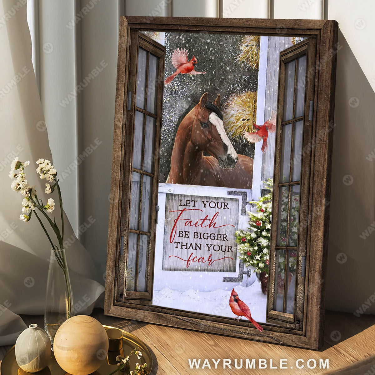 Horse in snow, Christmas tree, Red cardinal, Let your faith be bigger than your fear - Jesus Portrait Canvas Prints, Wall Art