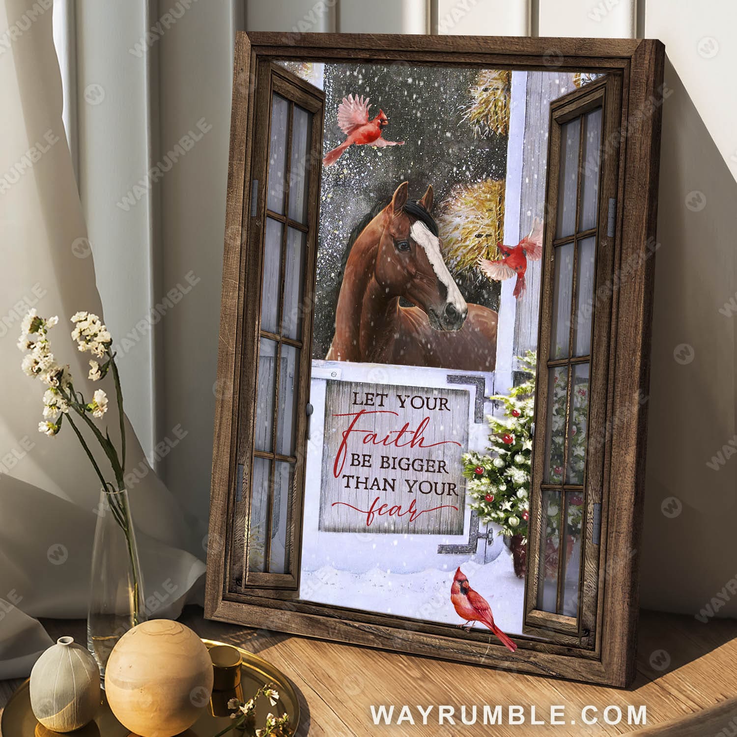 Horse in snow, Christmas tree, Red cardinal, Let your faith be bigger than your fear - Jesus Portrait Canvas Prints, Wall Art