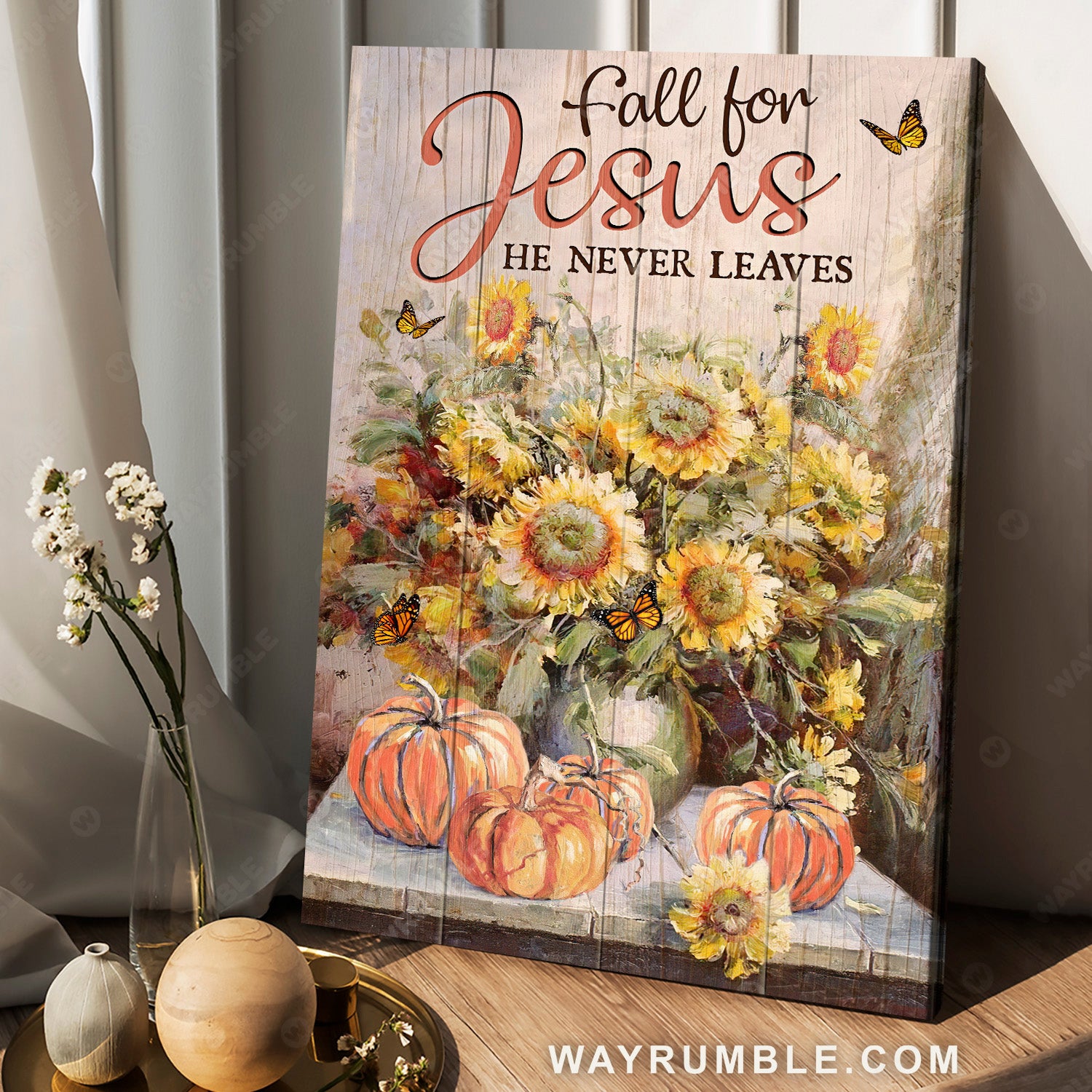 Sunflower vase, Watercolor pumpkin, Monarch butterfly, Fall for Jesus - Jesus Portrait Canvas Prints, Home Decor Wall Art