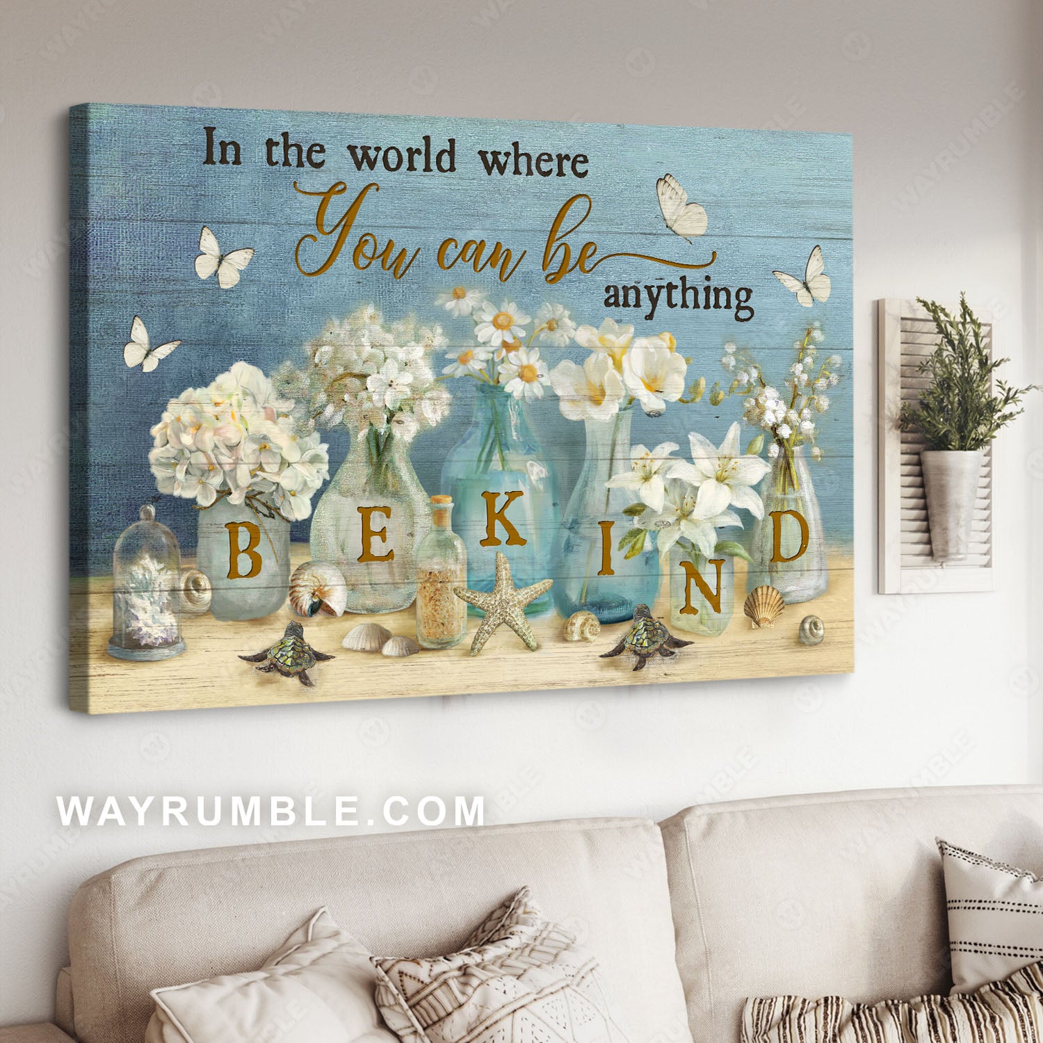 White hydrangea, Daisy flower, Glass bottles, Seashell, Sea turtle, Be kind - Jesus Landscape Canvas Prints, Christian Wall Art