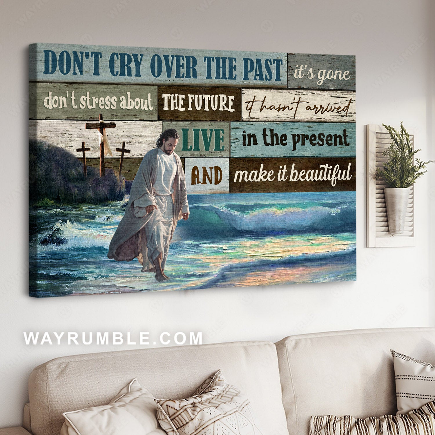 Jesus walking on the water, Cross symbol, Don't cry over the past - Jesus Landscape Canvas Prints, Christian Wall Art