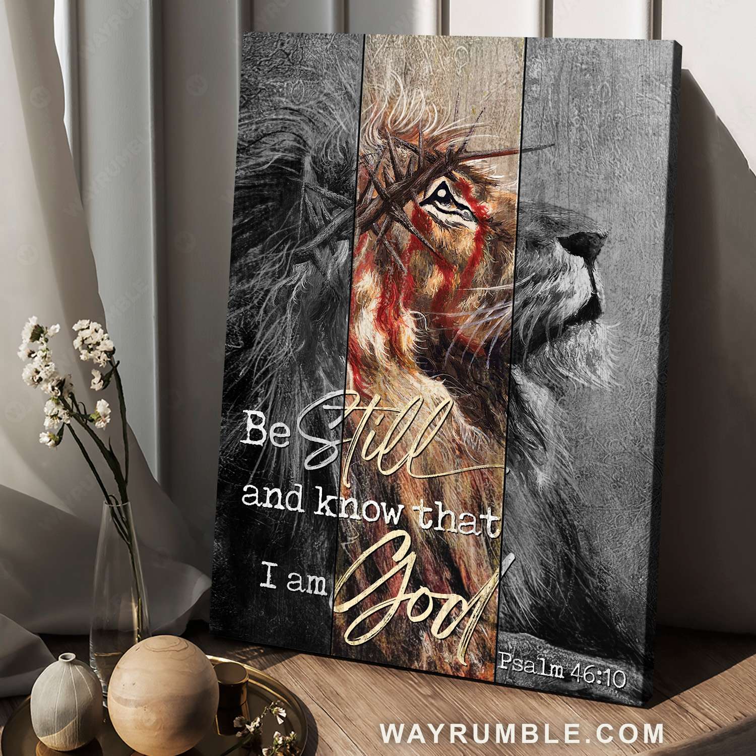 Lion of Judah, Lion with crown, Thorn of crown, Be still I am God - Jesus Portrait Canvas Prints, Christian Wall Art