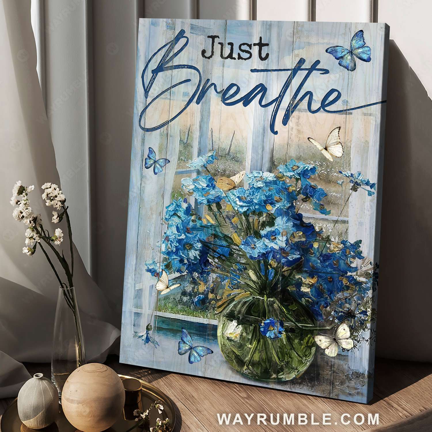 Blue daisy, Glass vase, Blue butterfly, Window scarf, Just breathe - Jesus Portrait Canvas Prints, Christian Wall Art