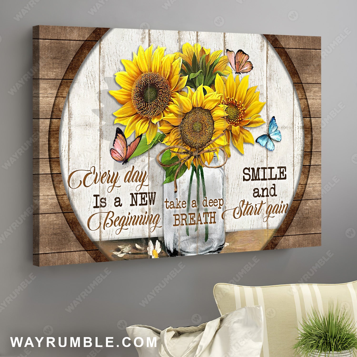 Big sunflower, Pink butterfly, Wooden circle, Every day is a new beginning - Jesus Landscape Canvas Prints, Wall Art