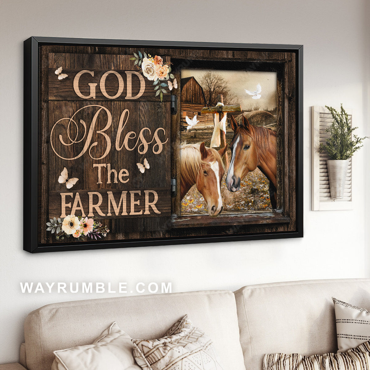 Horse painting, Flower frame, White dove, God bless the farmer - Jesus Landscape Canvas Prints, Home Decor Wall Art