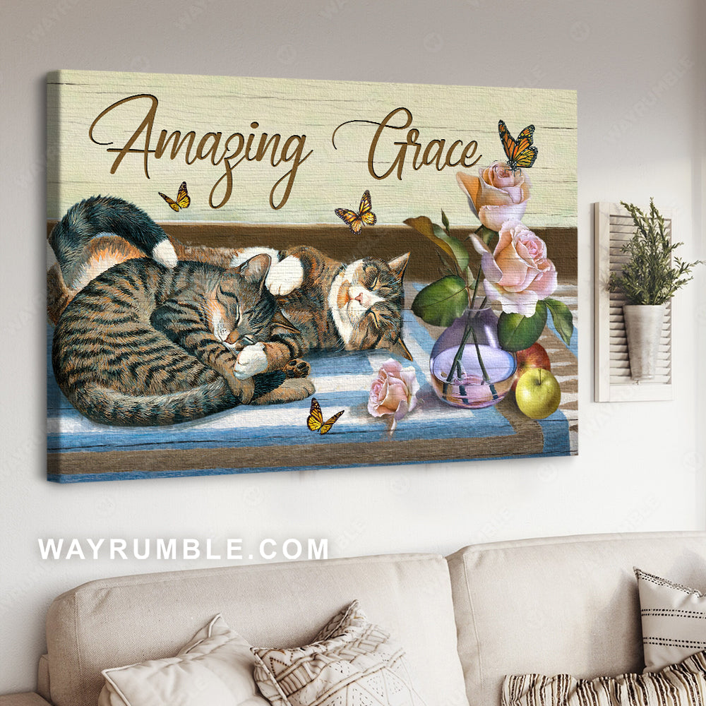Sleeping cat, Pink rose, Pretty butterfly, Amazing grace - Jesus Landscape Canvas Prints, Christian Wall Art