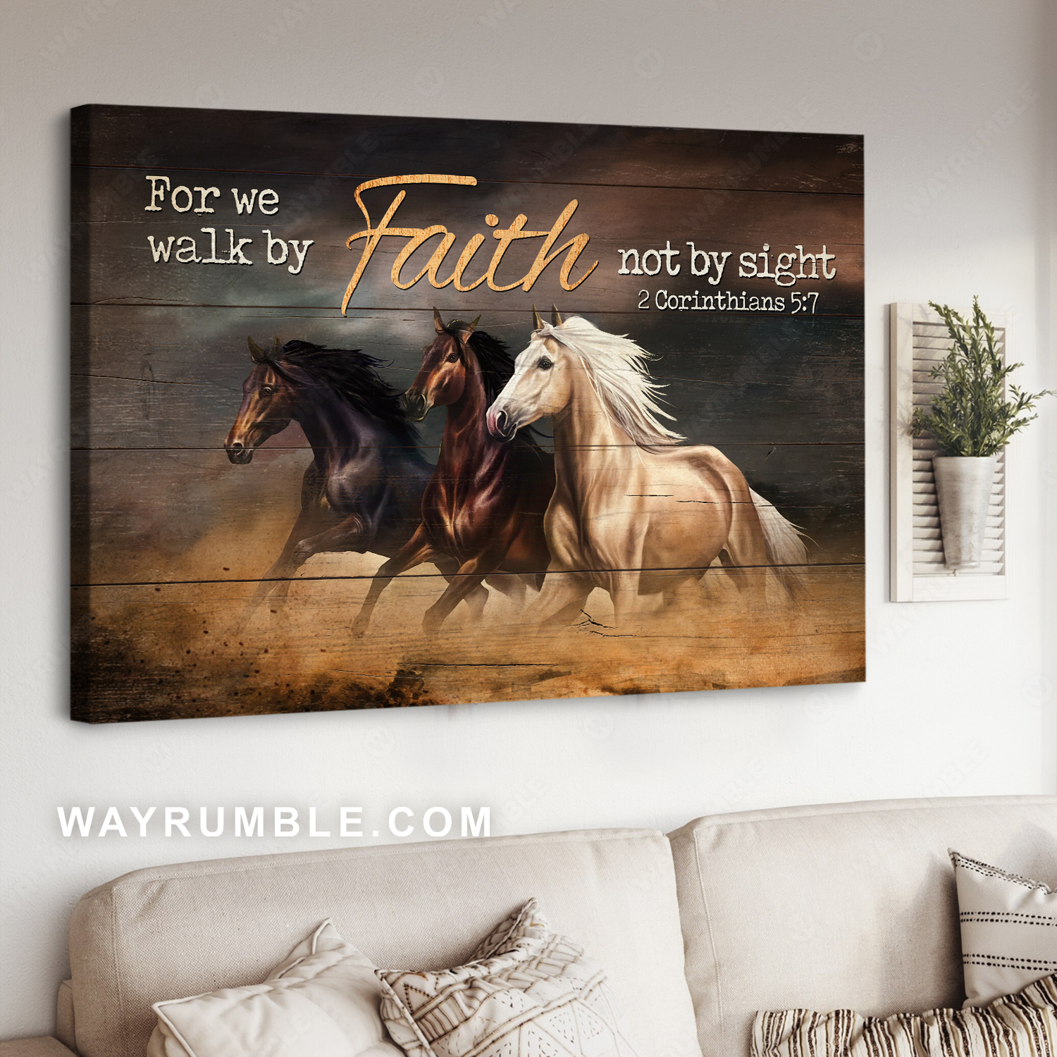 Running horses, Dark road, Cloudy day, For we walk by faith not by sight - Jesus Landscape Canvas Prints, Christian Wall Art