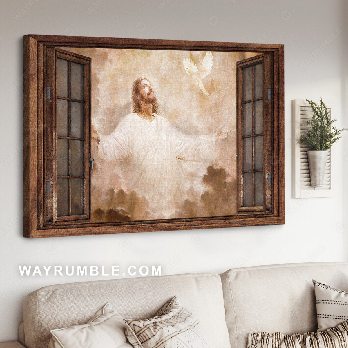 Jesus ascends to heaven, Flying dove, White cloud, Window frame - Jesus Landscape Canvas Prints, Christian Wall Art