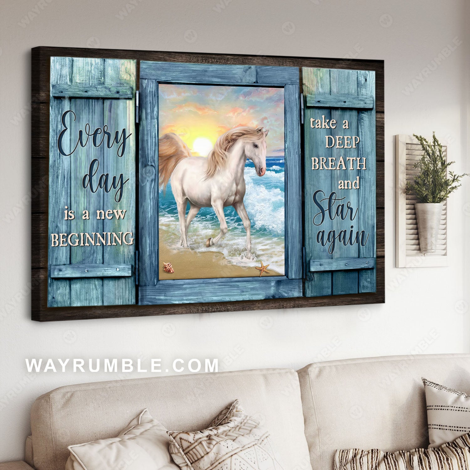 White horse, Sunset beach, Window frame, Everyday is a new beginning - Jesus Landscape Canvas Prints, Christian Wall Art