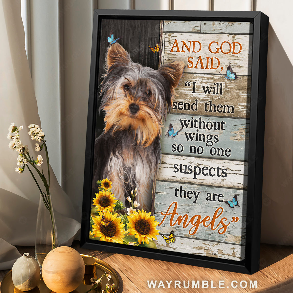 Little Yorkshire Terrier, Sunflower garden, Butterfly, And God said - Jesus Portrait Canvas Prints, Christian Wall Art