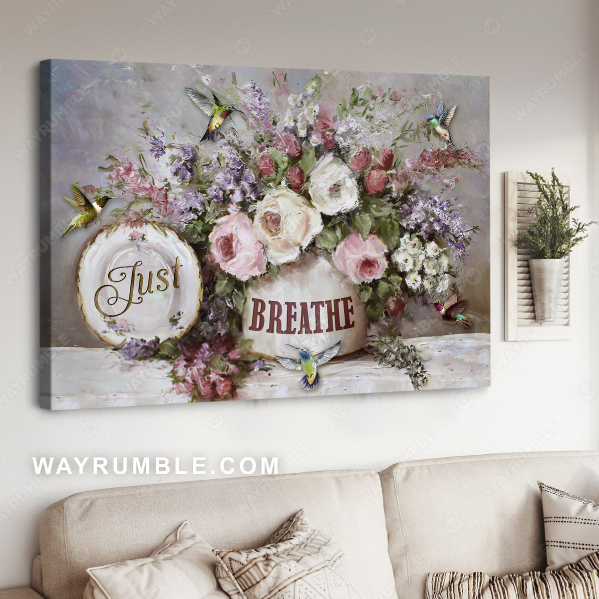 Pastel flower vase, Colorful hummingbird, Spring drawing, Just breathe - Jesus Landscape Canvas Prints, Christian Wall Art