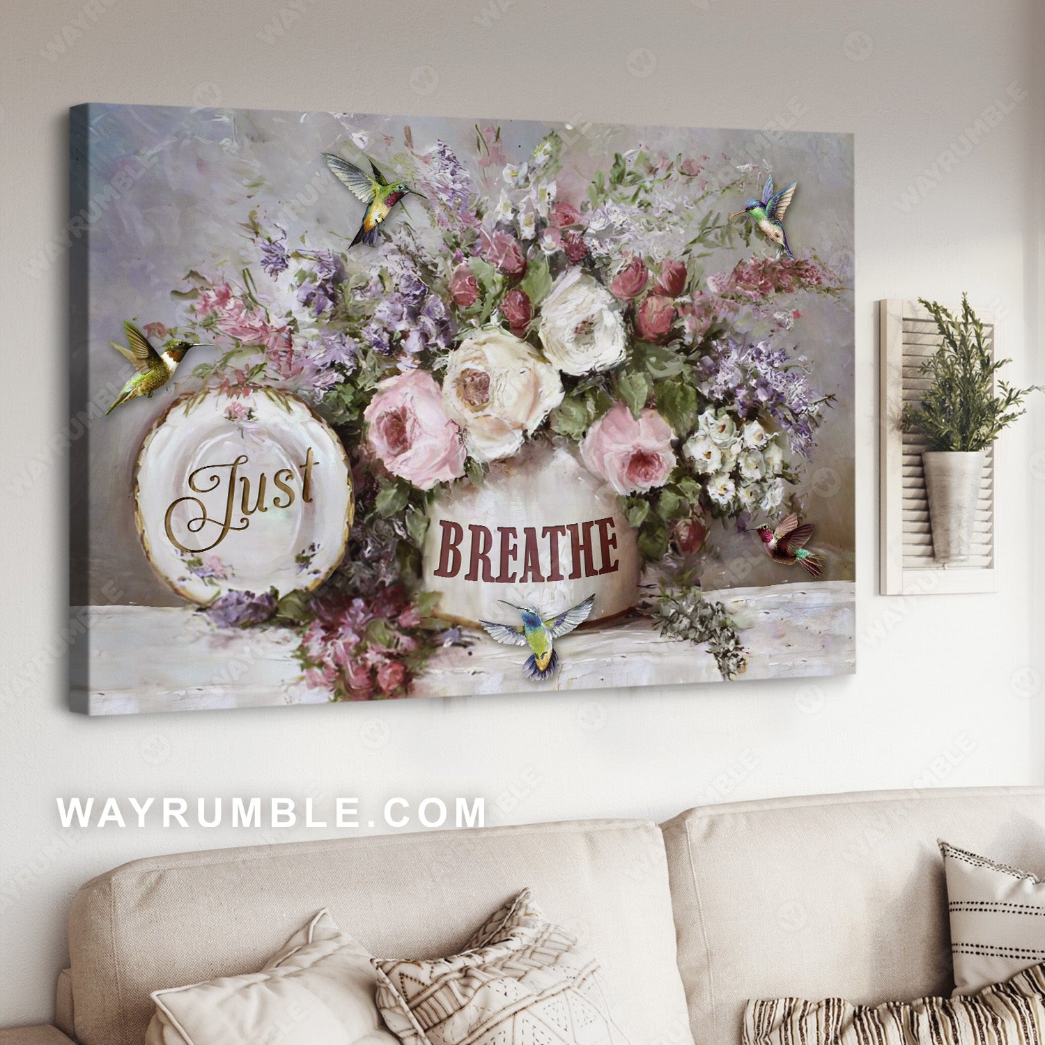 Pastel flower vase, Colorful hummingbird, Spring drawing, Just breathe - Jesus Landscape Canvas Prints, Christian Wall Art
