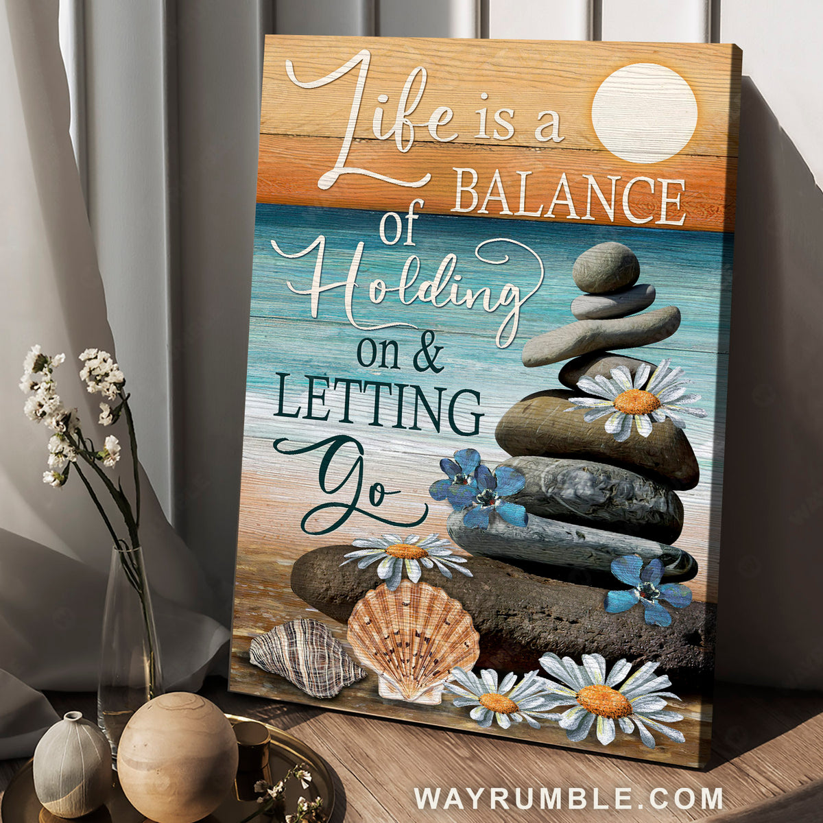 Beach scene, Pebble, Daisy flower, Life is a balance of holding on and letting go - Jesus Portrait Canvas Prints, Christian Wall Art