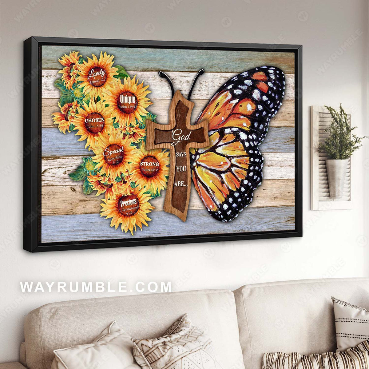Watercolor butterfly, Sunflower field, Cross, God says you are unique - Jesus Landscape Canvas Prints, Christian Wall Art