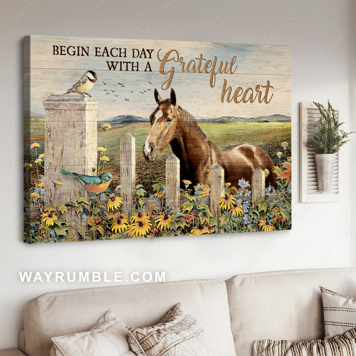 Yellow daisy field, Quarter horse, Sparrow drawing, Begin each day with a grateful heart - Jesus Landscape Canvas Prints, Christian Wall Art