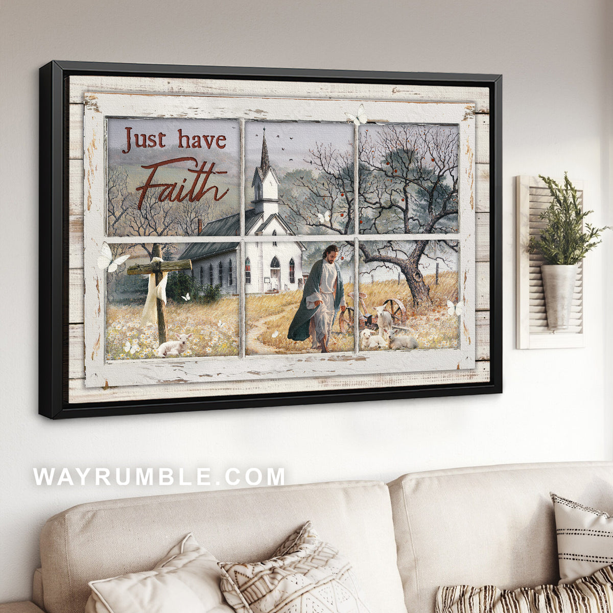Vintage church, Peace painting, Walking with Jesus, Just have faith - Jesus Landscape Canvas Prints, Christian Wall Art