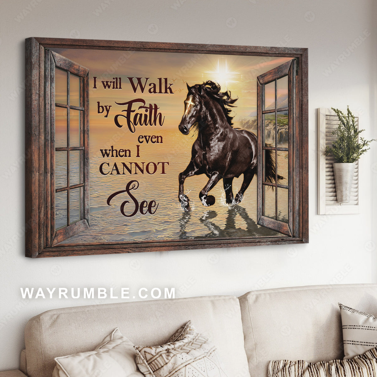 Black horse, Gift for horse lover, Pretty sunset, I will walk by faith - Jesus Landscape Canvas Prints, Christian Wall Art
