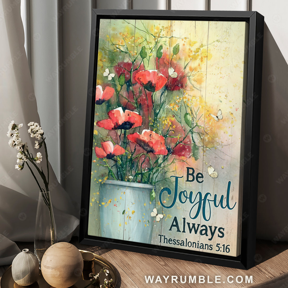 Watercolor flower, White butterfly, Poppy, Be joyful always - Jesus Portrait Canvas Prints, Christian Wall Art