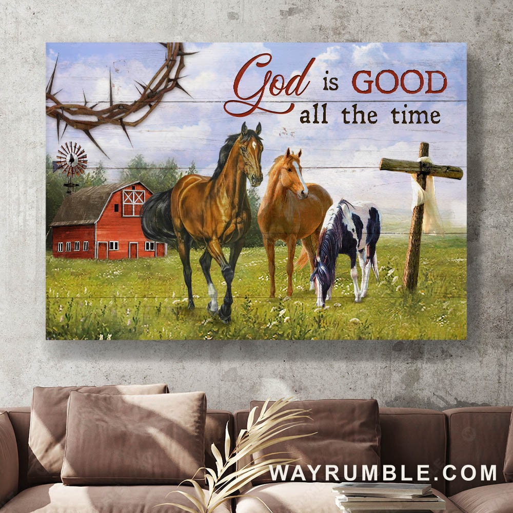 Dream horses, Green meadow, Blue sky, God is good all the time - Jesus Landscape Canvas Prints, Wall Art